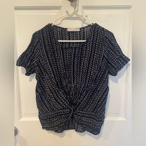 Blue and White Patterned Top with Faux Front Tie